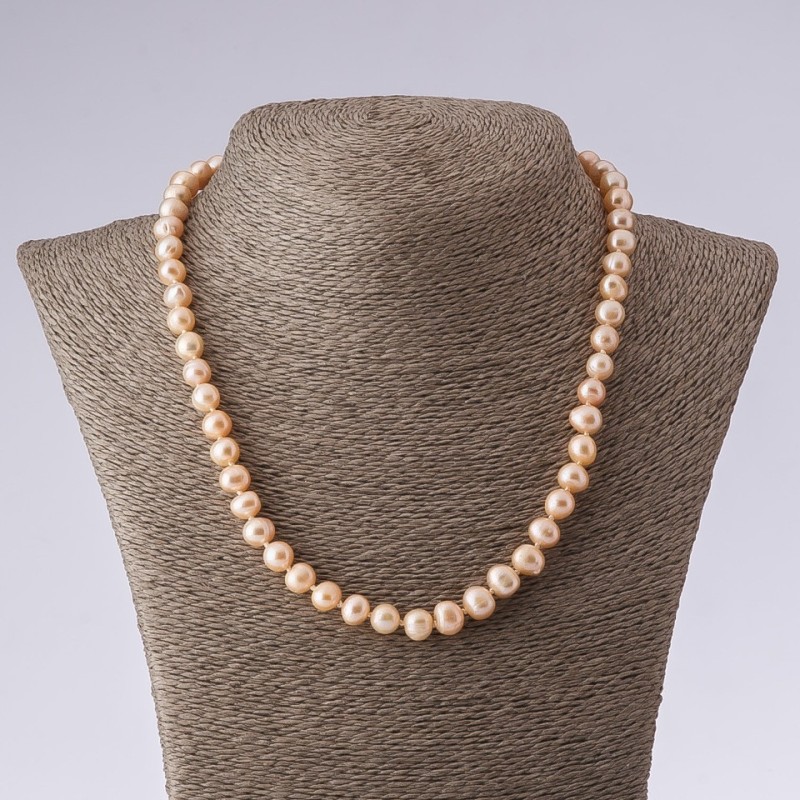 Necklace of freshwater pearls (cultured) round shape pink peach, length 47cm, diameter 8-9mm(+-)