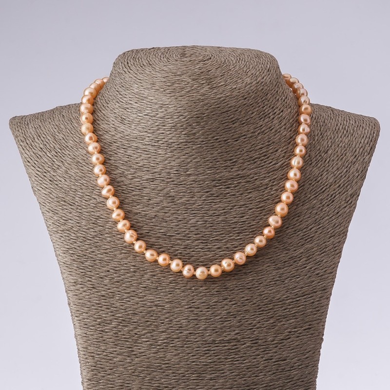 Pearl Necklace, Freshwater (cultured), round shape, pink-peach, length 42-50cm, diameter 6-7mm(±)