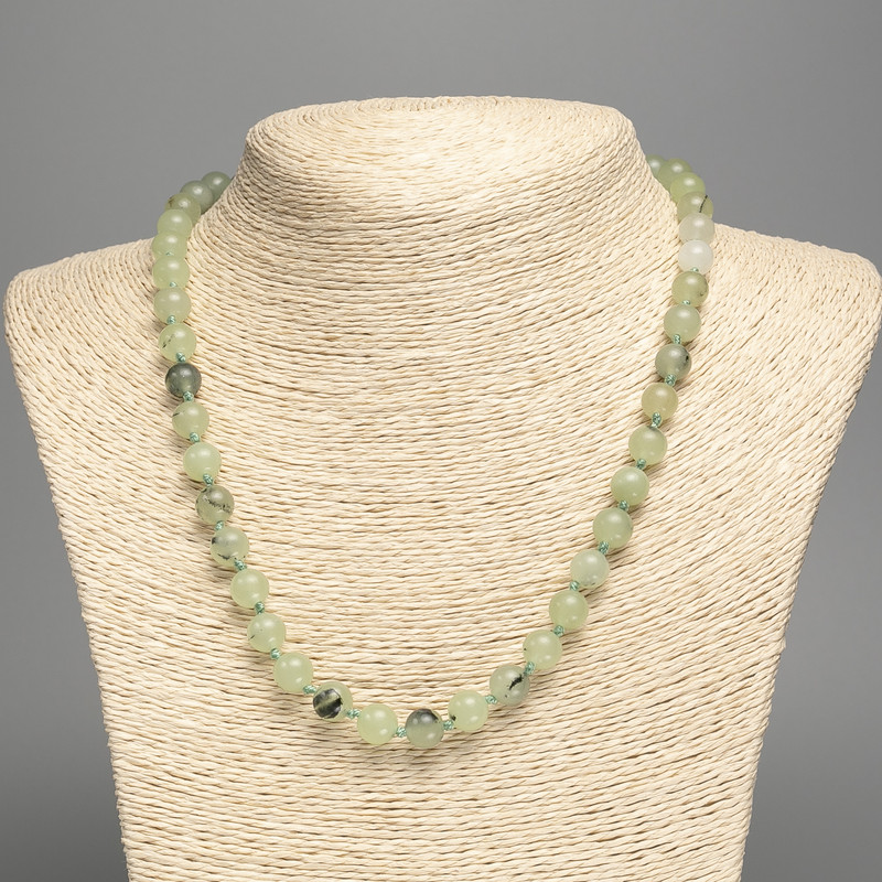 Necklace of natural gemstone Prehnite smooth round beads, diameter 8mm±, length 50cm±