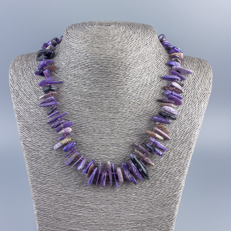 Charoite Bead Necklace with Chip "Needle", diameter 15×3 mm± with Seed Beads, diameter 2 mm, length 50 cm +