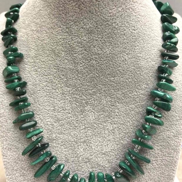 Necklace of natural malachite chips “needles”, diameter 12-16×3-5mm, length 50cm ± with clasp