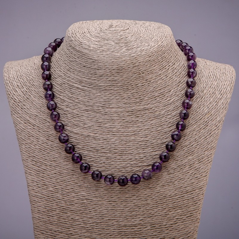 Amethyst gemstone necklace beads smooth round 8 mm diameter, length 45 cm