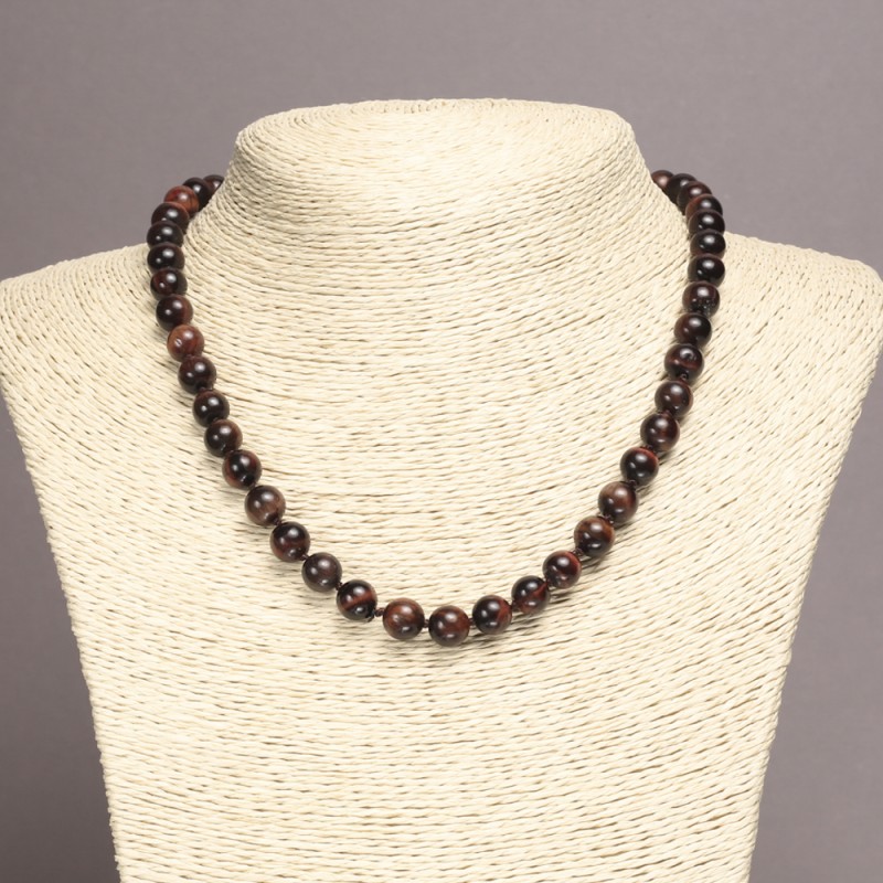 Natural Stone Necklace Bull's Eye (Bullseye) Smooth Bead, diameter 8(±)mm, length 45cm+