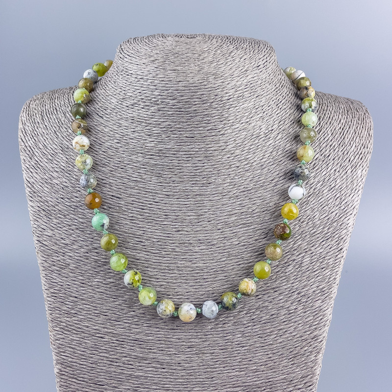 Necklace of Natural Stone Green Opal, smooth round beads, diameter 8.5 mm, length 50 cm +