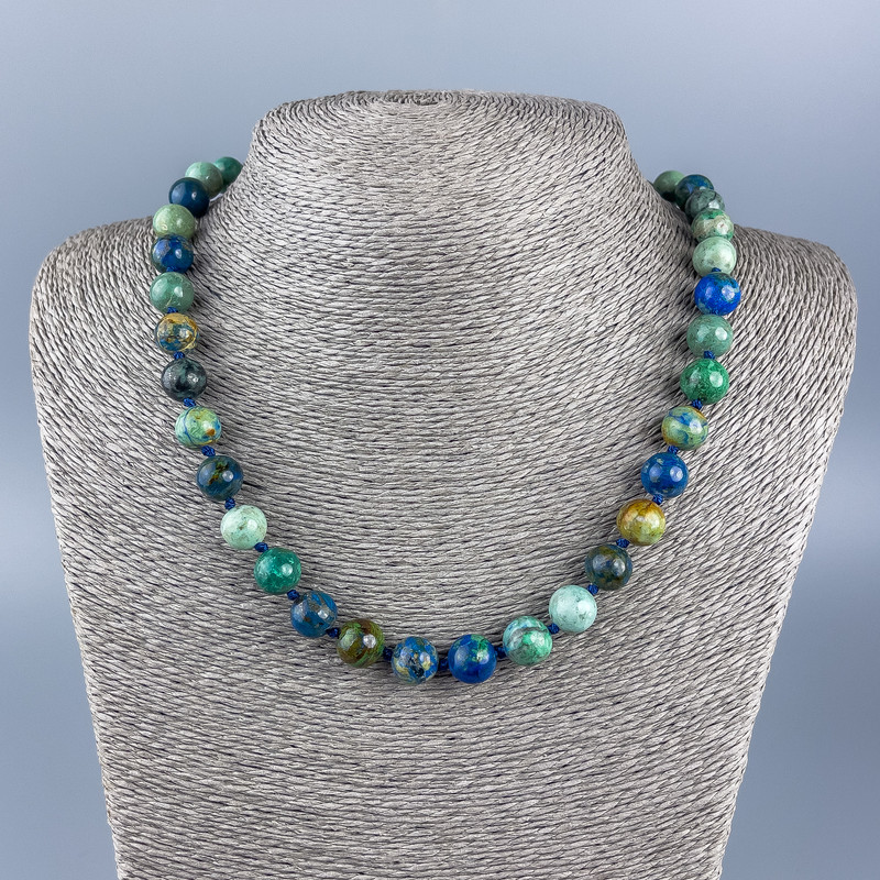 Natural Stone Necklace Chrysocolla Turquoise blue Sapphire? actually Chrysocolla and Lazurite Smooth Bead 10mm Ø, Length 48cm