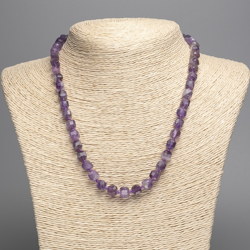 Natural Amethyst Bead Necklace, Faceted Cube, 7mm diameter, 50cm length