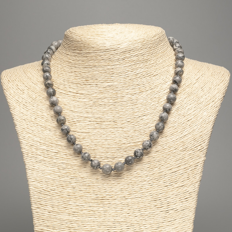 Necklace of Ocean Gray Jasper Imitation Beads, Round 8mm, 48cm Length +