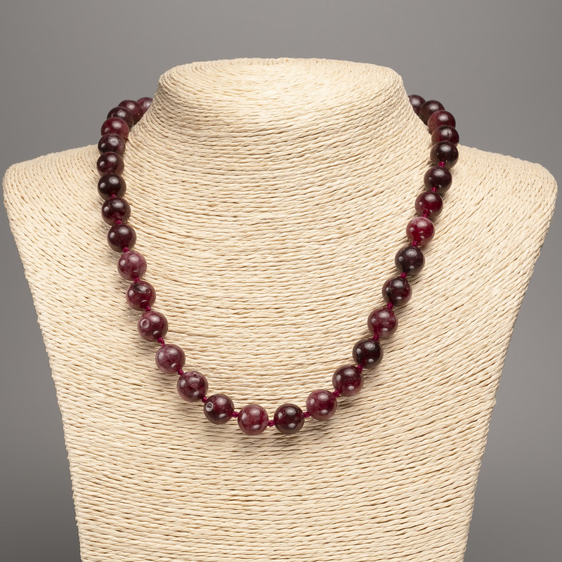 Necklace of Natural Stone Rubellite Tourmaline Smooth Beads, 10mm diameter, length 48cm