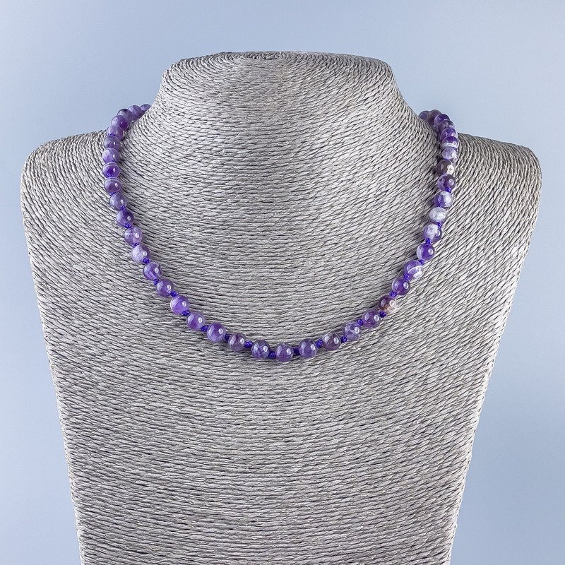 Necklace of Natural Amethyst, Smooth Bead Sphere, 6.5mm ±, Length 48cm ±