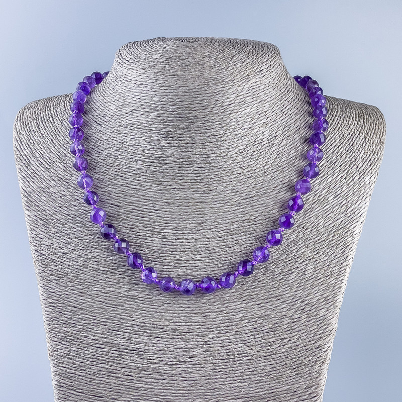 Natural Stone Necklace with Amethyst, Faceted Round Beads, 7.5 mm diameter, 50 cm length