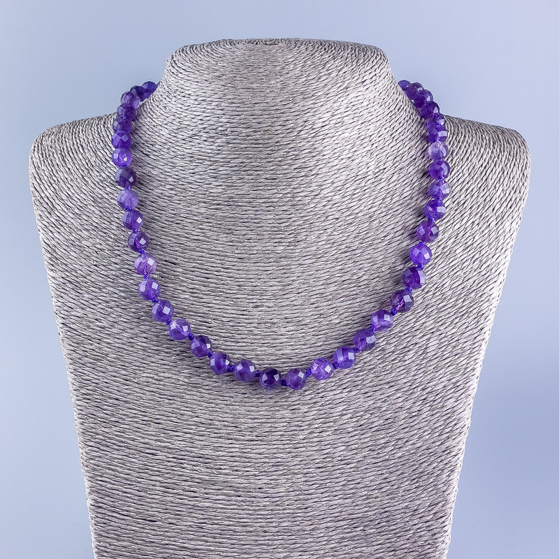 Amethyst Beads Necklace with Faceted Round Beads, 7.5 mm diameter, 50 cm length