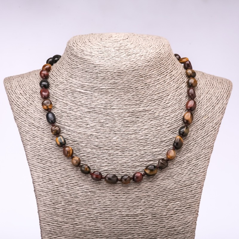 Tiger, Bull's Eye, Hawk's Eye Bead Necklace, faceted, 7-10mm diameter, 46cm length