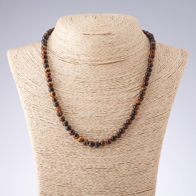 Necklace Tiger's Eye, Bull's Eye, and Hawk's Eye Smooth Beads, 6mm Diameter, 45cm Length