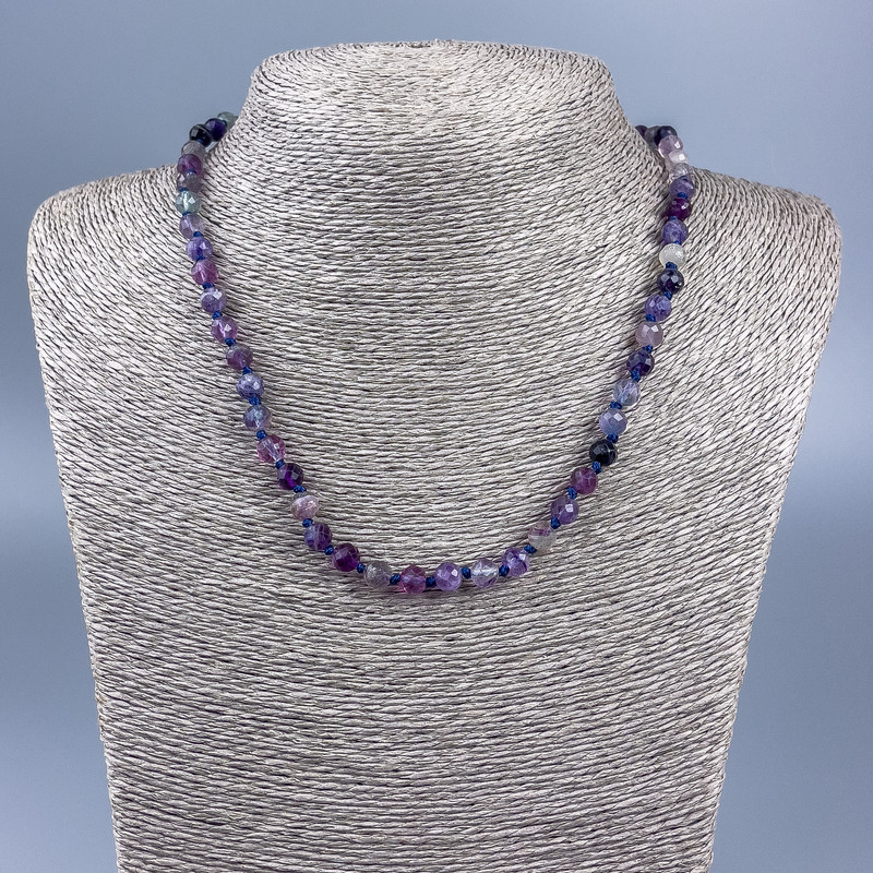 Necklace of Natural Fluorite, Faceted Round Bead 6mm, length 48cm