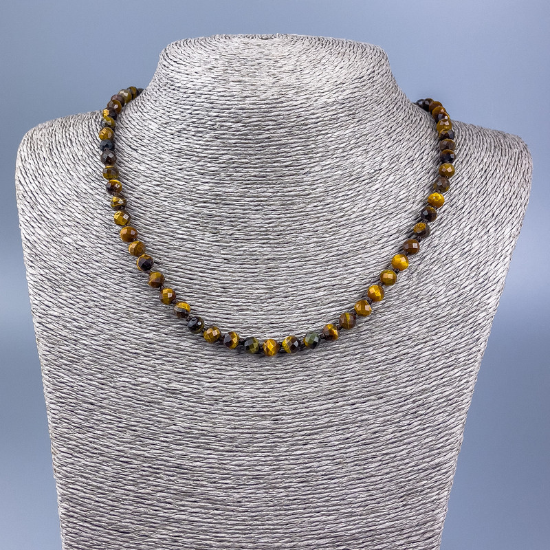 Tiger's Eye Necklace, faceted round beads 6mm ±, length 50cm
