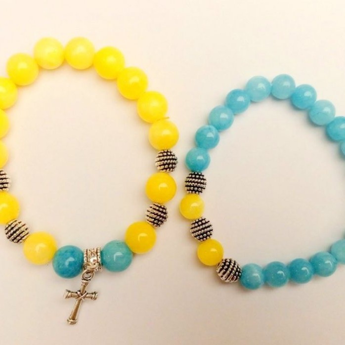 Bracelet "Ukraine" (Pair) Aquamarine, Citrine (synthetic acrylic) smooth beads with silver inserts on elastic cord, length 18cm+