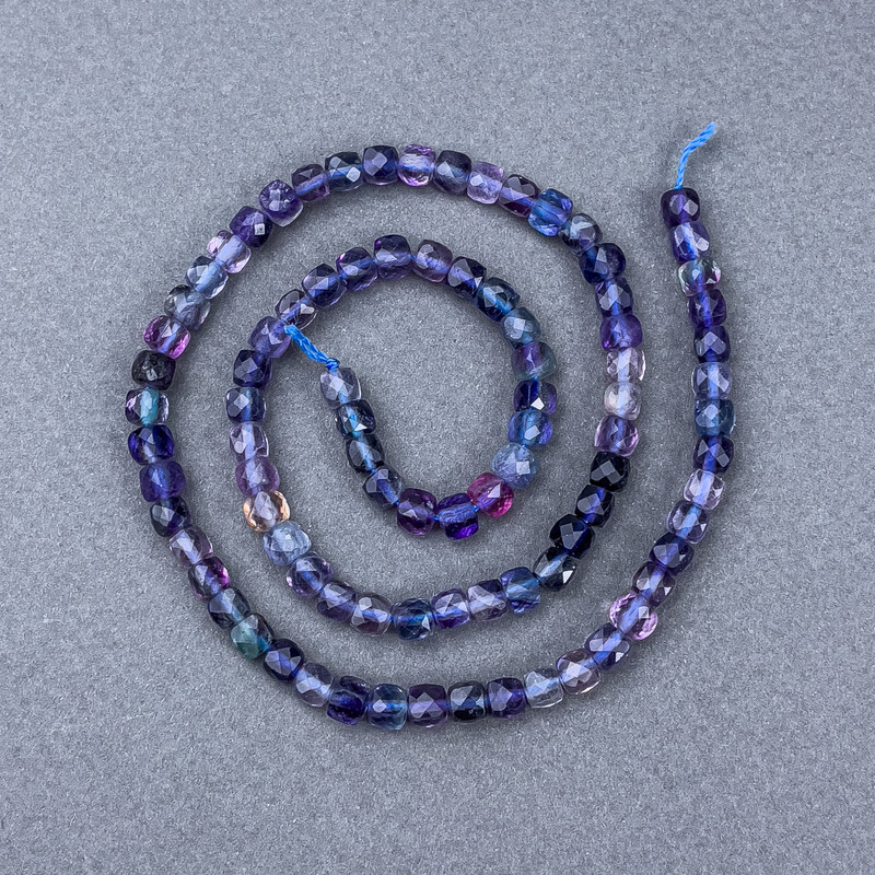 Fluorite Beads, Natural Stone, Faceted Cube Bead on Thread, 4.5×4.5 mm, Length 38 cm