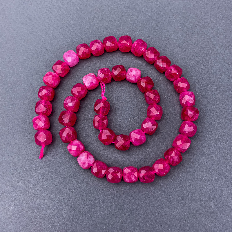 Pink tourmaline beads, natural gemstone, faceted cube, on a thread, diameter 9x9 mm±, length 38 cm±