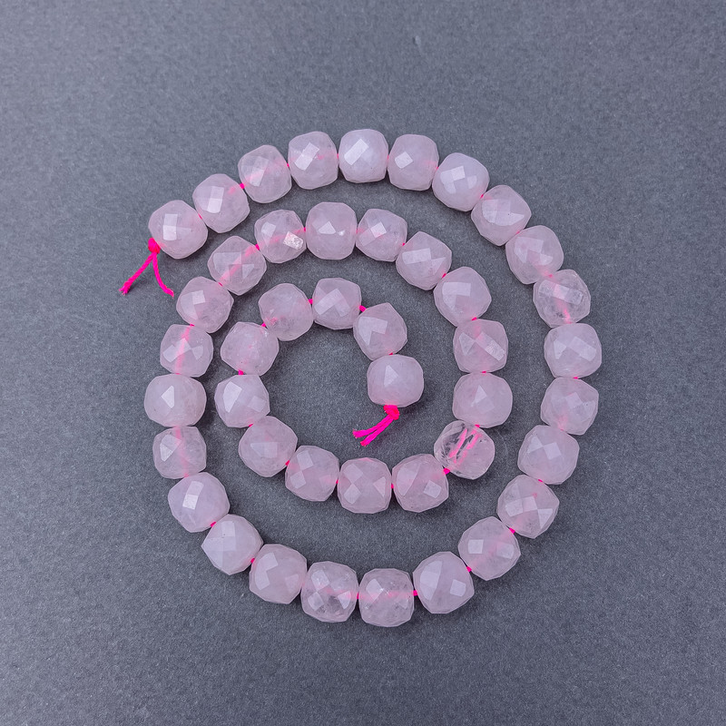 Pink Quartz Beads, Natural Stone, Faceted Cube, on Thread, 9x9 mm, 38 cm length