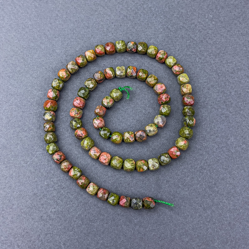 Jasper Unakit Natural Stone Beads Geometric Cubes on Thread, 6x6 mm ±, Length 38 cm ±