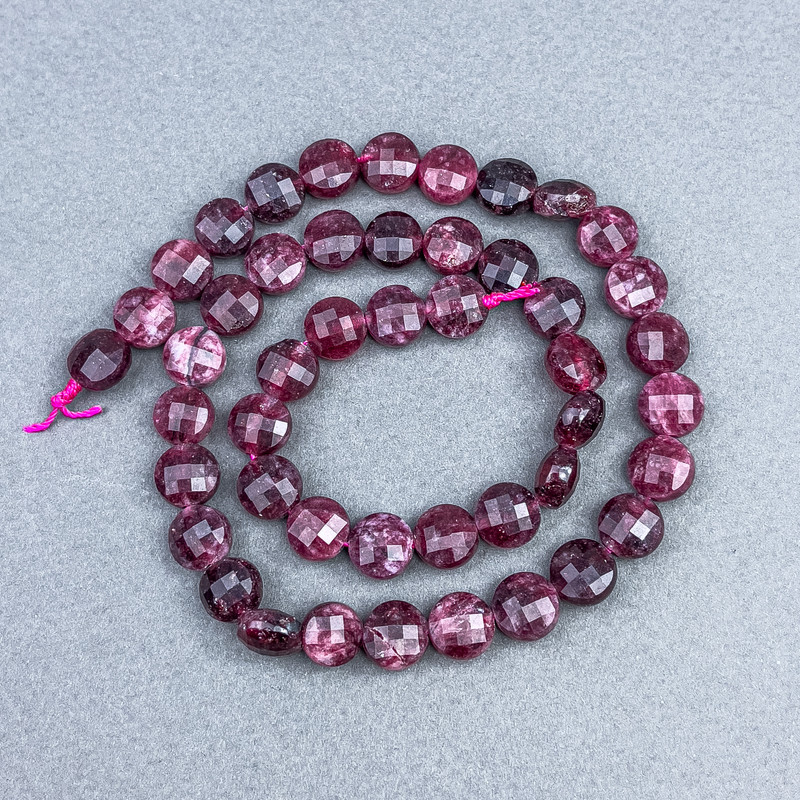 Tourmaline Rubyelit Natural Stone Bead, Faceted Coin Shape, 8×5 mm diameter, on thread, 37 cm length