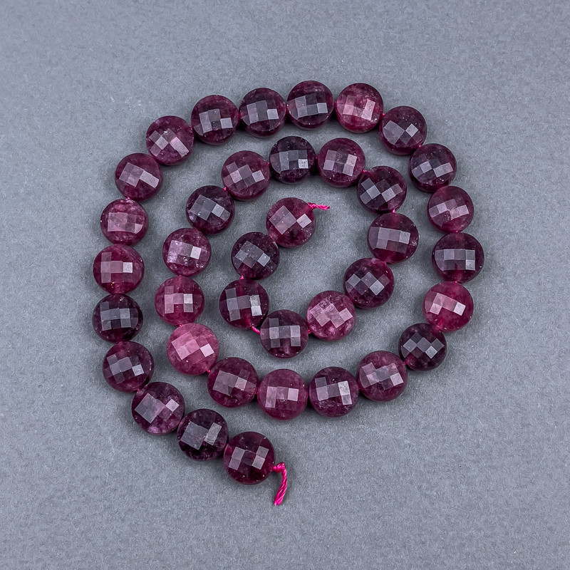 Turmaline Rubellite Beads, Natural Stone, Faceted Coin, 10x7 mm, on Thread, 37 cm Length