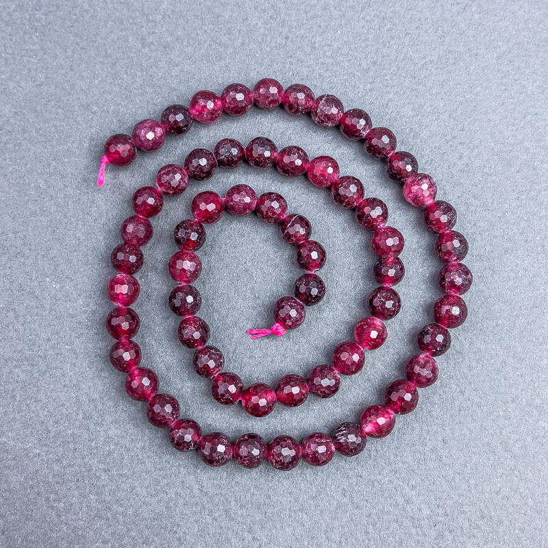 Turmaline Rubyelit Natural Stone Bead, Faceted Round 6 mm ± on Thread, Length 38 cm+