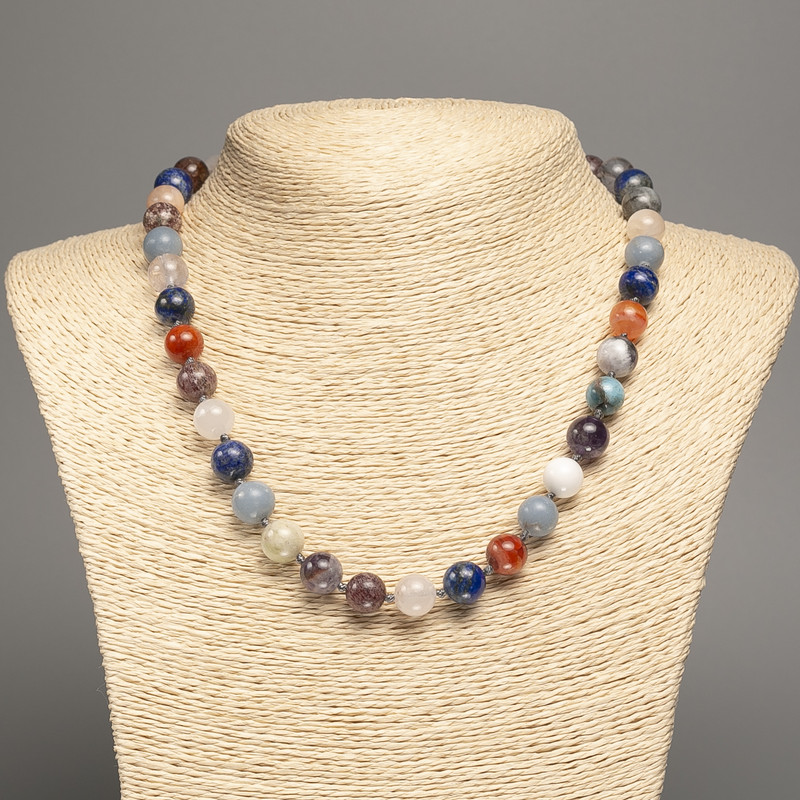 Necklace of Natural Stone Assorted Smooth Beads, diameter 10 mm ±, length 49 cm +