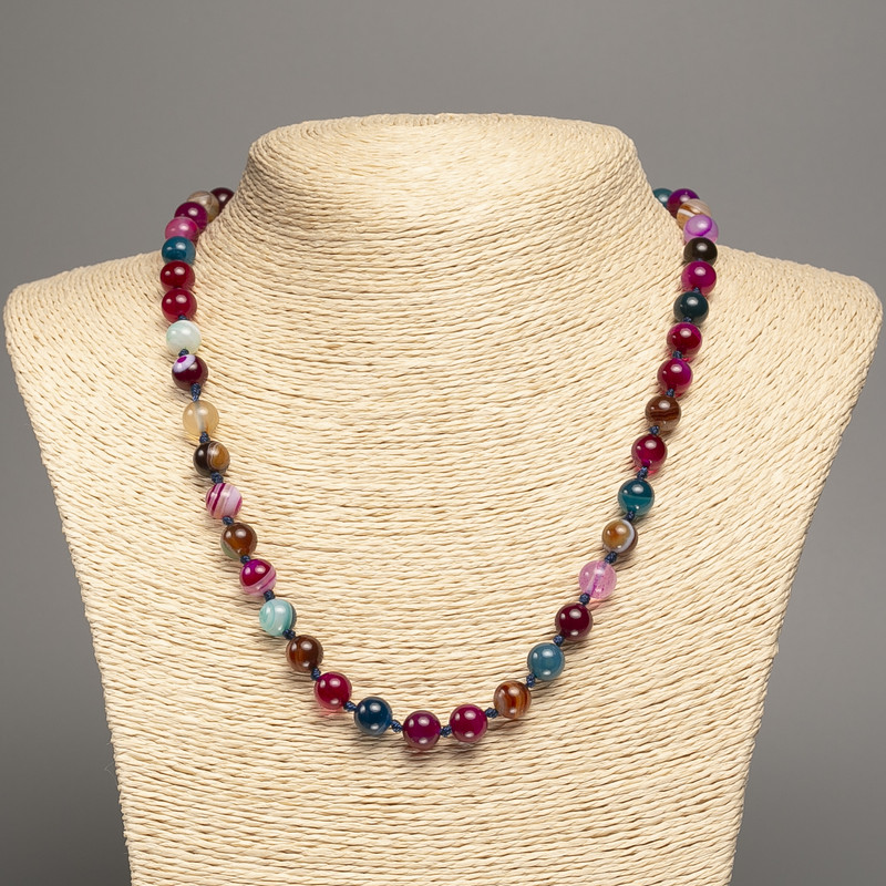 Necklace of Multicolor Agate with Smooth Round Beads 8mm Diameter, 50cm Length +