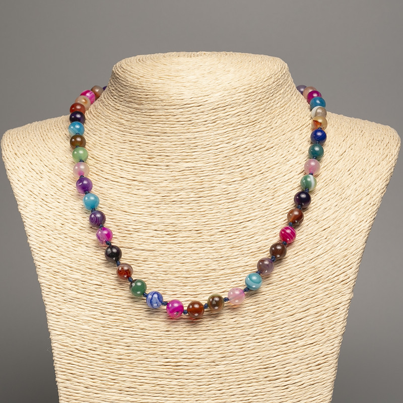 Natural Agate Beaded Necklace, multicolor smooth round beads, 8mm diameter, 50cm length +