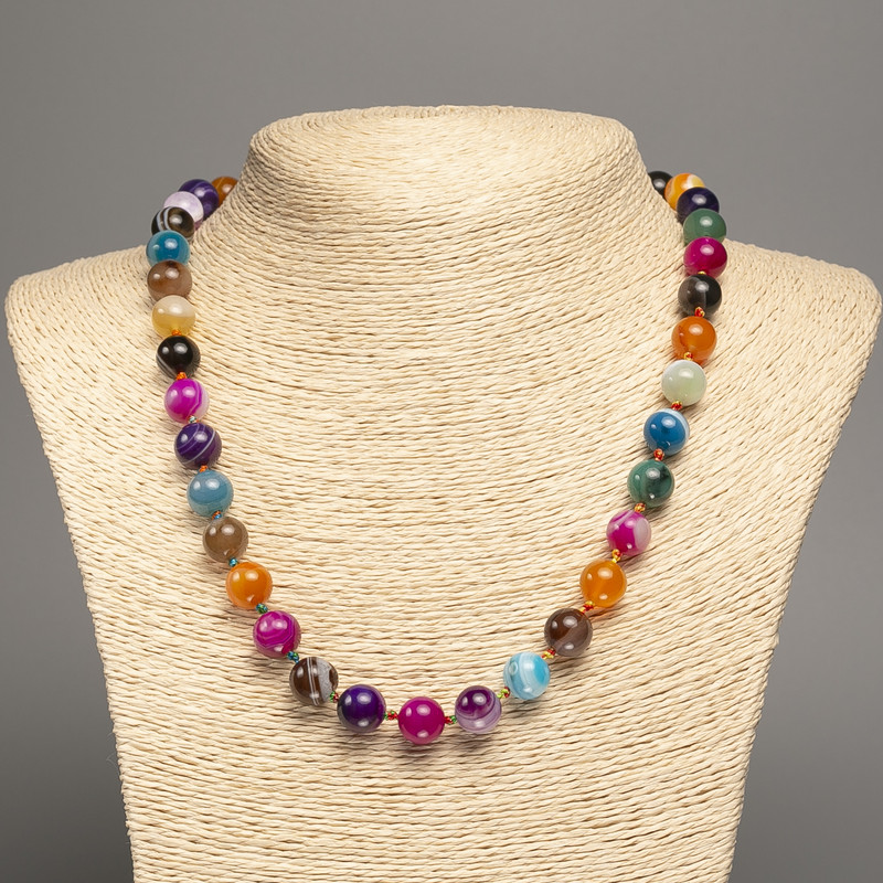Necklace with Multicolor Agate - Smooth Beads 10mm Diameter, 50cm Length +