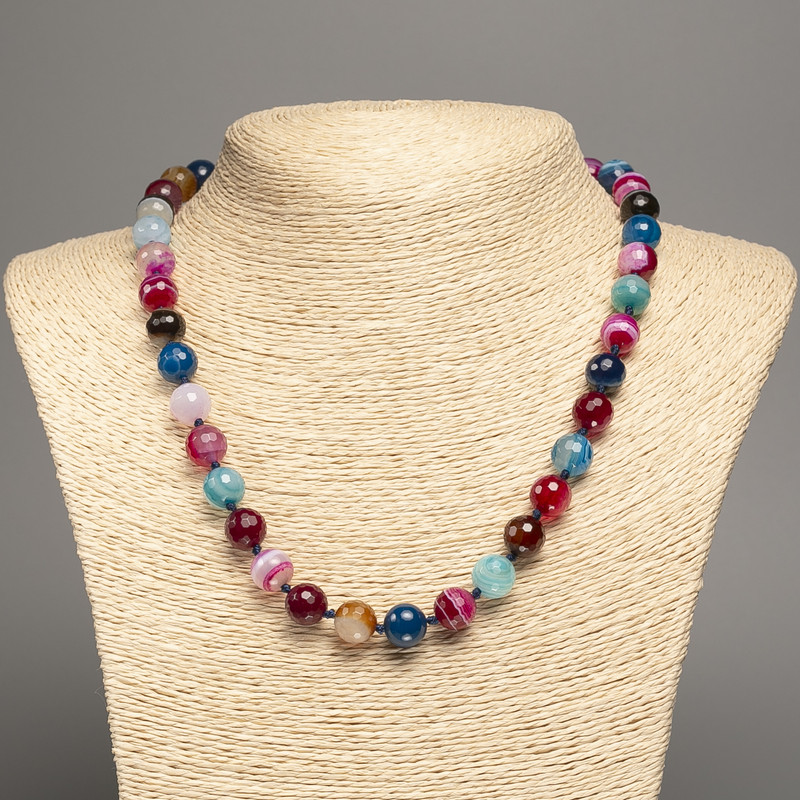Colored Agate Beaded Necklace with Faceted Round Beads, 10mm diameter, 50cm length +