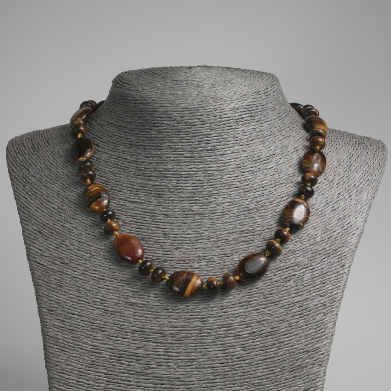 Tiger's Eye Bead Necklace Flat Oval, diameter 13x18mm±, rondelle 9x5mm±, length 45cm±