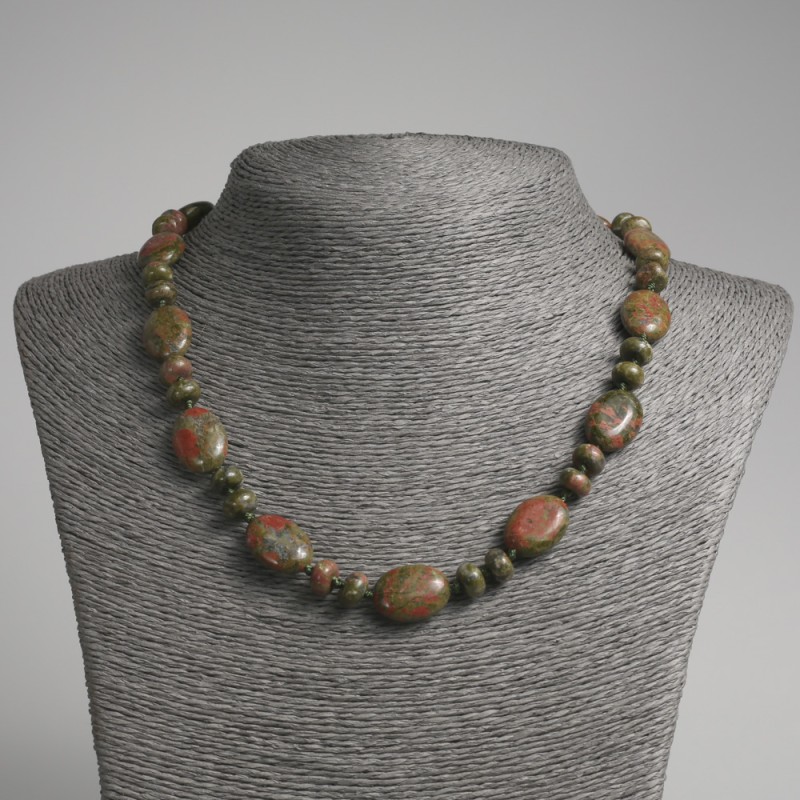 Unakite Jasper Beads Flat Oval Necklace with Rondelles 9×5 mm ±, 13×18 mm Flat Oval Beads, 45 cm ± length