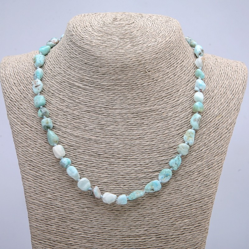 Larimar Bead Necklace (Tumbled) with natural stone, diameter 6x10 mm, length 45 cm +