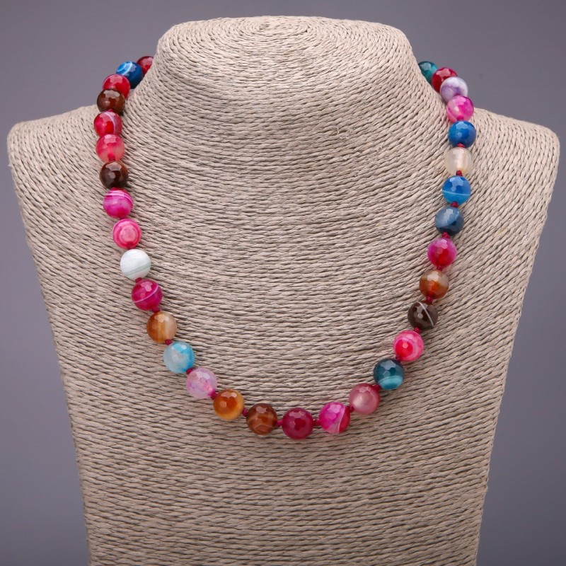 Necklace with Natural Agate Gemstones assorted colors, faceted balls diameter 10(±)mm, length 48cm
