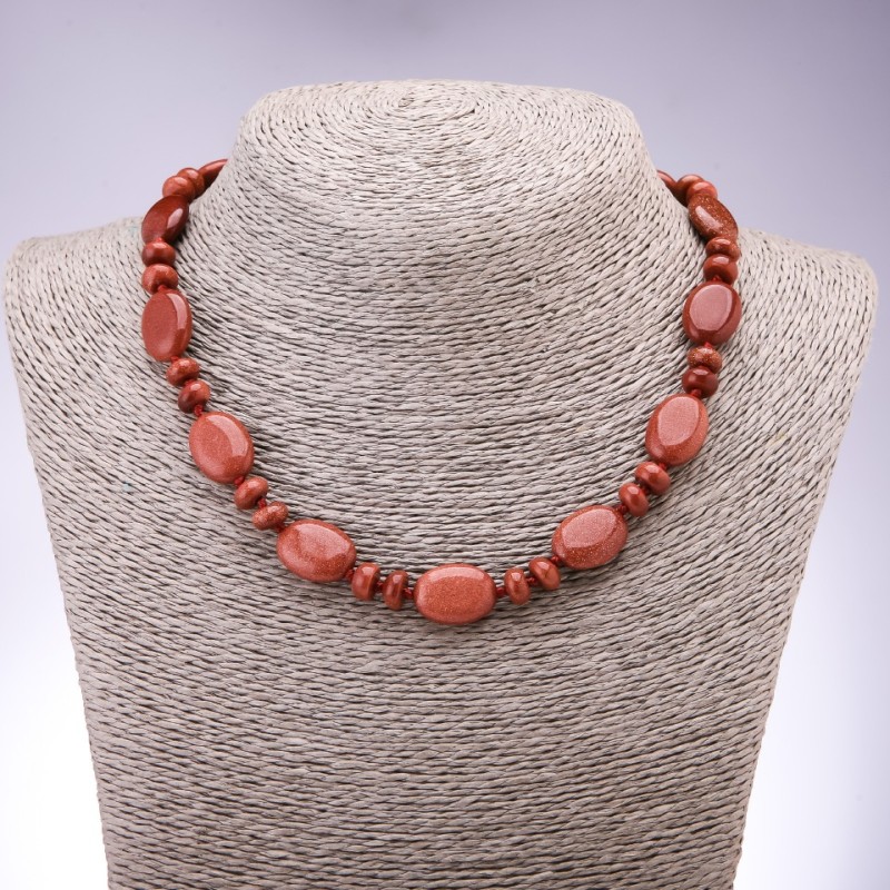 Necklace made of Aventurine natural stone (synthetic) "Golden Sand" flat oval, 13×18mm, rondelle 9×6mm, length 45cm