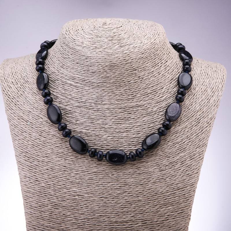 Aventurine Beads (synthetic) “Blue Sand of Cairo Night” flat oval, 13x18 mm, rondelle 9x6 mm, length 45 cm