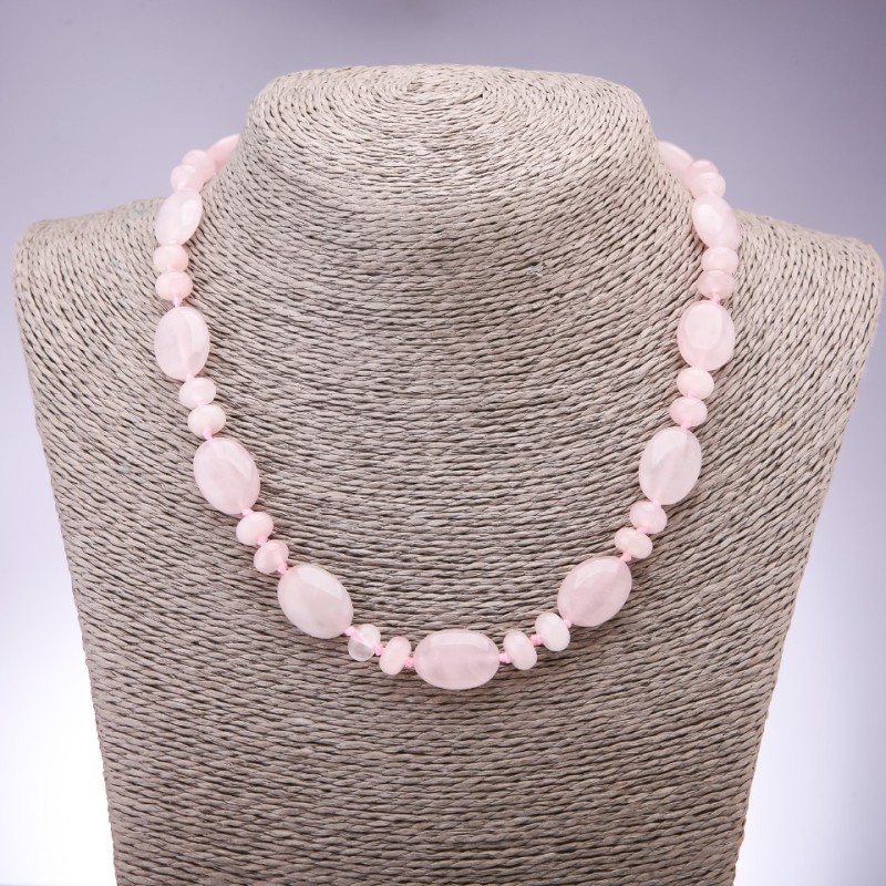 Natural Stone Necklace - Rose Quartz Flat Oval Beads, Diamond-cut Rondelle, 13x18mm and 9x6mm, 45cm