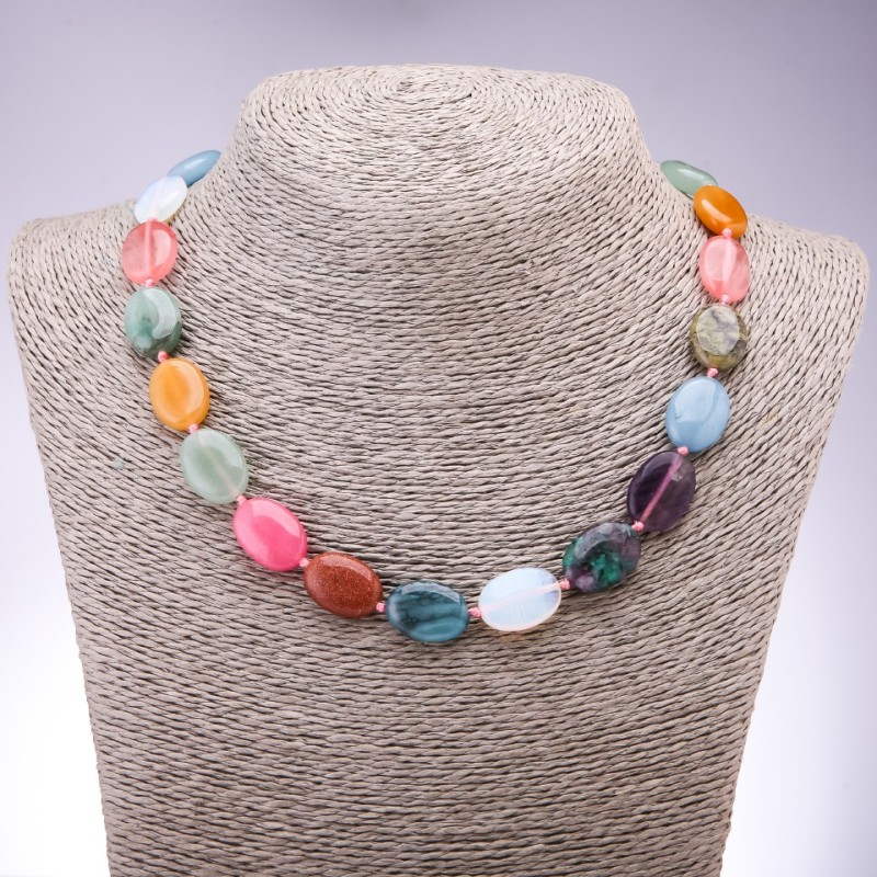 Necklace of Natural Stone—Assorted, flat oval shapes, diameter 13×18 mm ±, length 45 cm