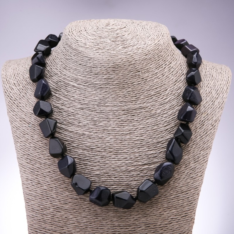 Clearance Aventurine Stone Necklace (Synthetic) "Blue Sand of Cairo Night" Multifaceted Beads, diameter 13×15mm, length 50cm