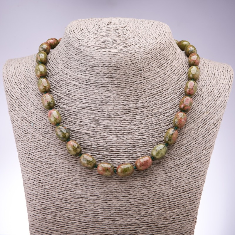 Necklace of natural stone Heliotrope Unakite "barrel", diameter 9×14mm, length 48cm