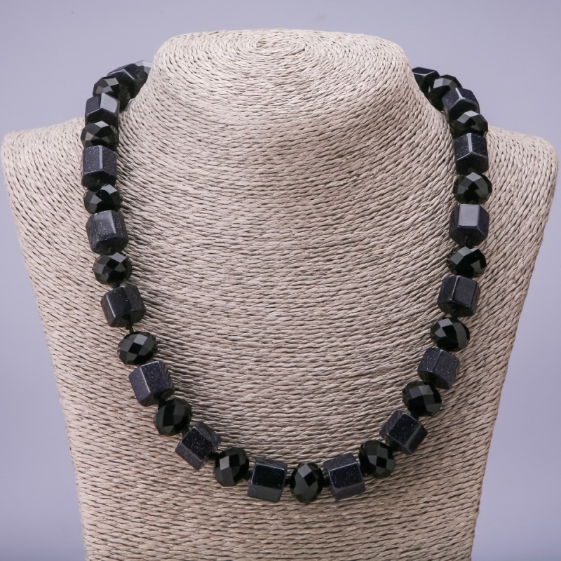Necklace of Aventurine "Blue Sand of Cairo Night" Hexagonal Beads, 12mm Roundel Aventurine, Agate Rondelle 14×11mm, 50cm