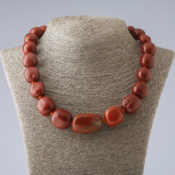 Clearance. Necklace natural stone Jasper red large tumbled, diameter 12-21 mm, length 49 cm