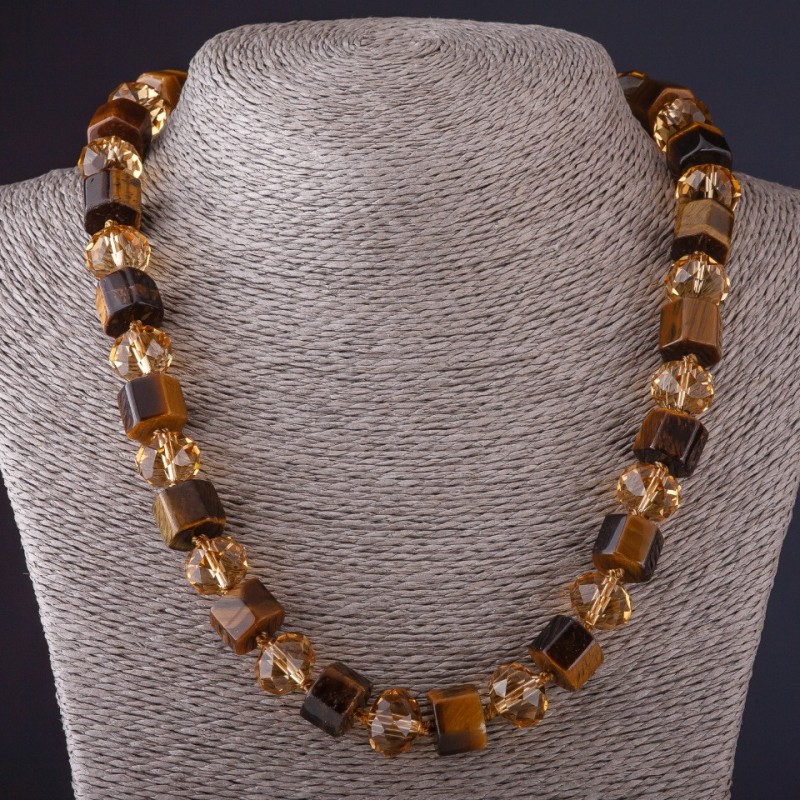 Hexagonal Tiger's Eye Bead Necklace with Czech Crystal L48 cm, 13mm diameter