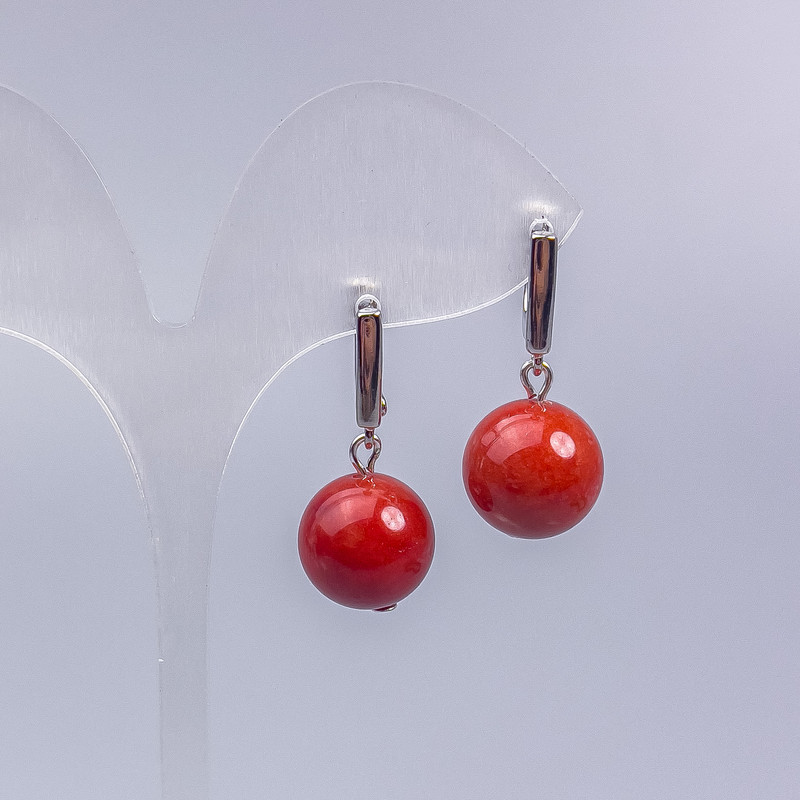 Earrings Red Jasper (solid bead) smooth sphere, diameter 14mm, length 3cm