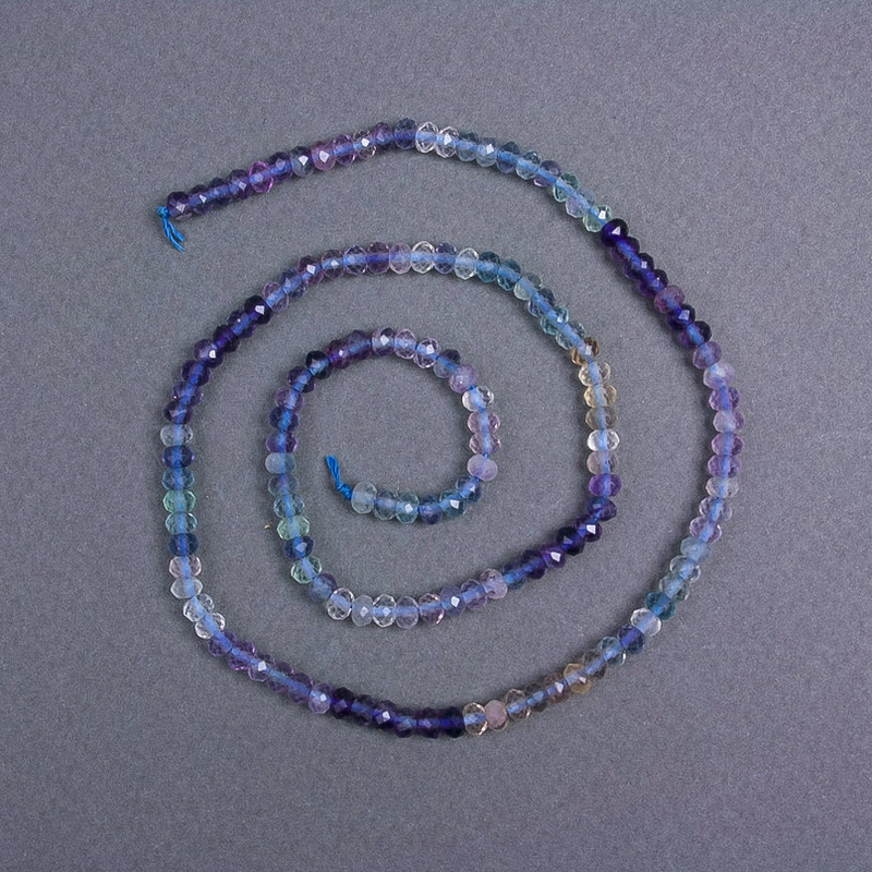 Fluorite Beads, Natural Stone, Faceted Rondelle, 4x3 mm, on Thread, 39 cm Length