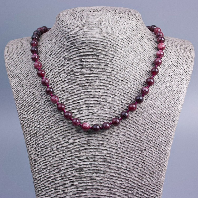 Genuine Gem Tourmaline Rubellite Bead Necklace, smooth round beads 8.5 mm diameter, length 50 cm