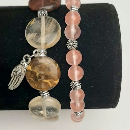 Set of Chalcedony Bracelets, 6.5 mm smooth bead, 15 mm circle, with silver inserts on elastic, length 18 cm+