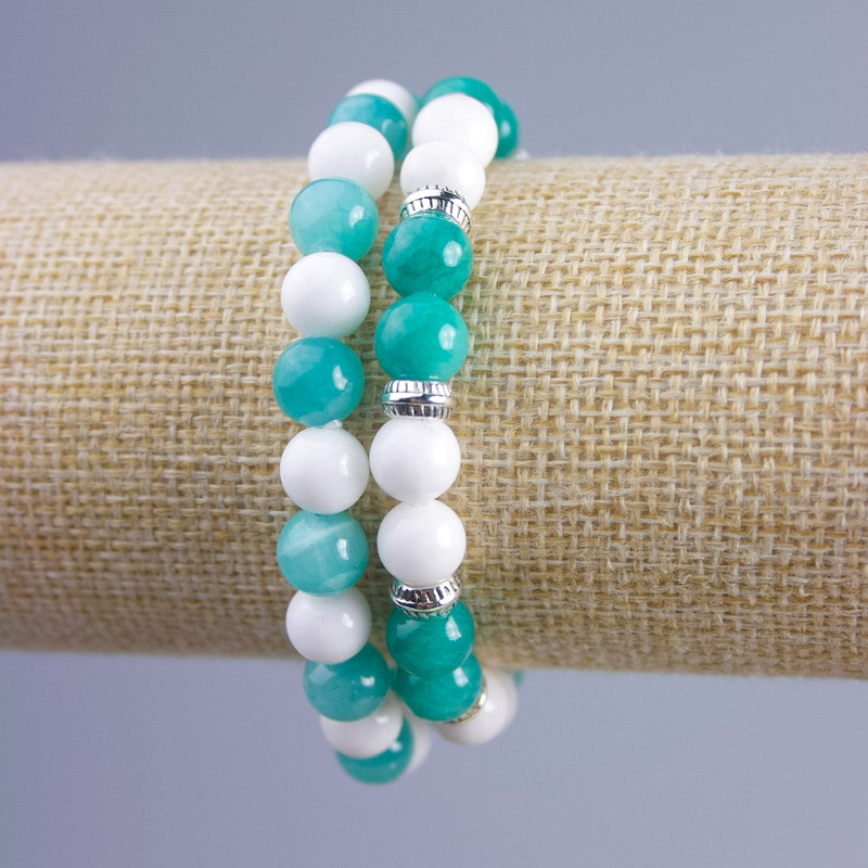 Pair Bracelet Jadeite, Amazonite, White AGATE (artificial acrylic), 8mm diameter ± smooth bead with silver inserts on elastic, length 18